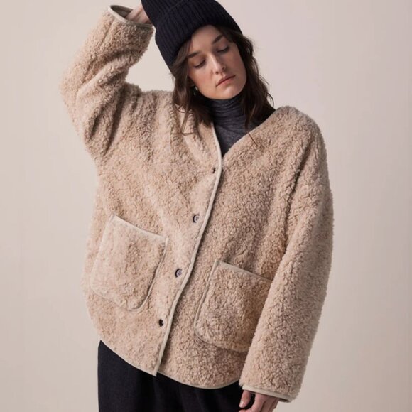 Amente Wool Blended Cardigan Jacket size XS/S Oatmeal Faux Fur Teddy Jacket - Picture 2 of 7